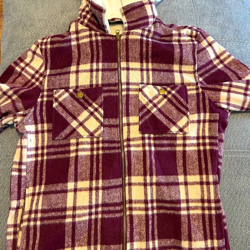 Buffalo plaid button up shirt, jacket with hood